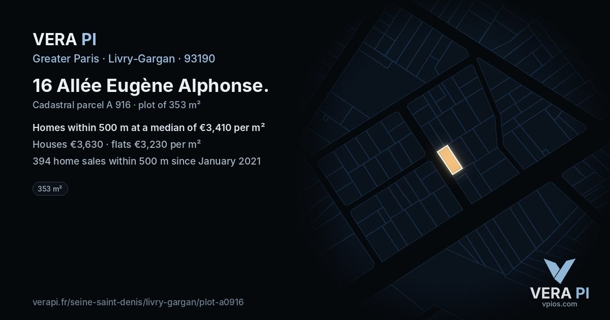16 Allée Eugène Alphonse, Livry-Gargan at night – the plot lit, the parcels around coloured by the prices near them