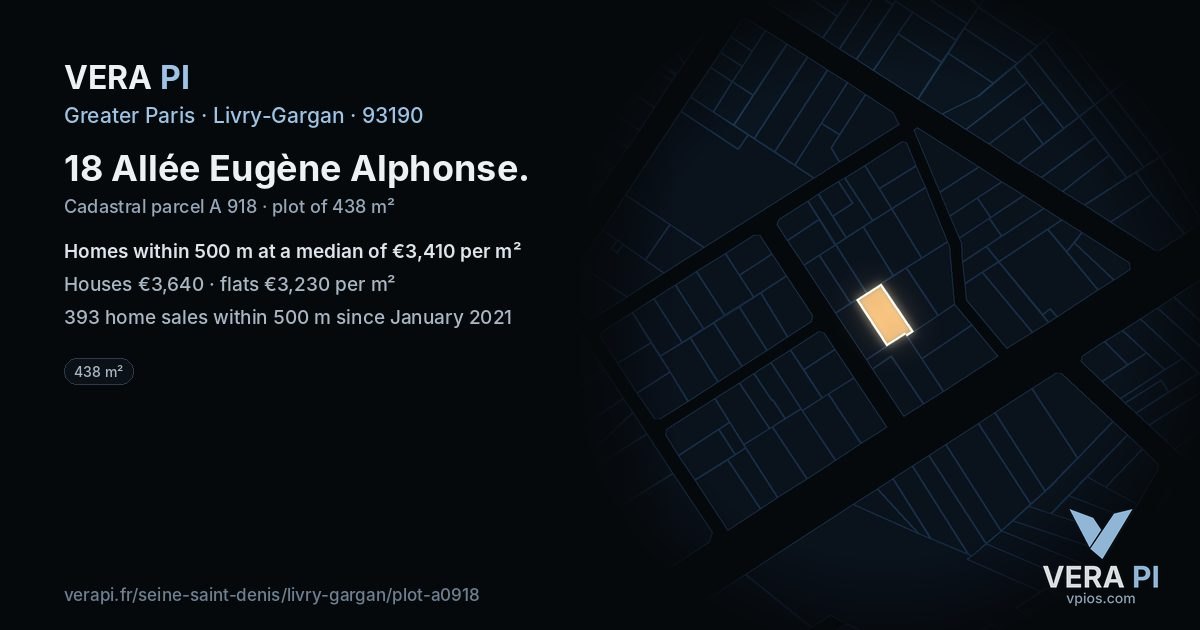 18 Allée Eugène Alphonse, Livry-Gargan at night – the plot lit, the parcels around coloured by the prices near them