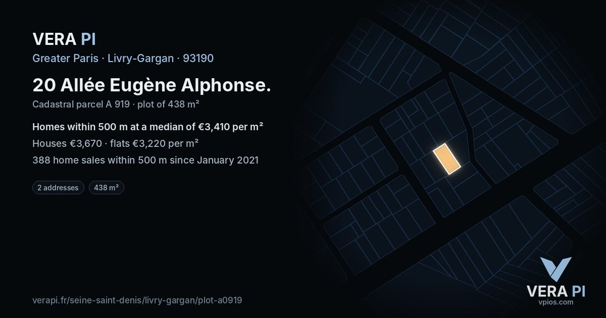 20 Allée Eugène Alphonse, Livry-Gargan at night – the plot lit, the parcels around coloured by the prices near them