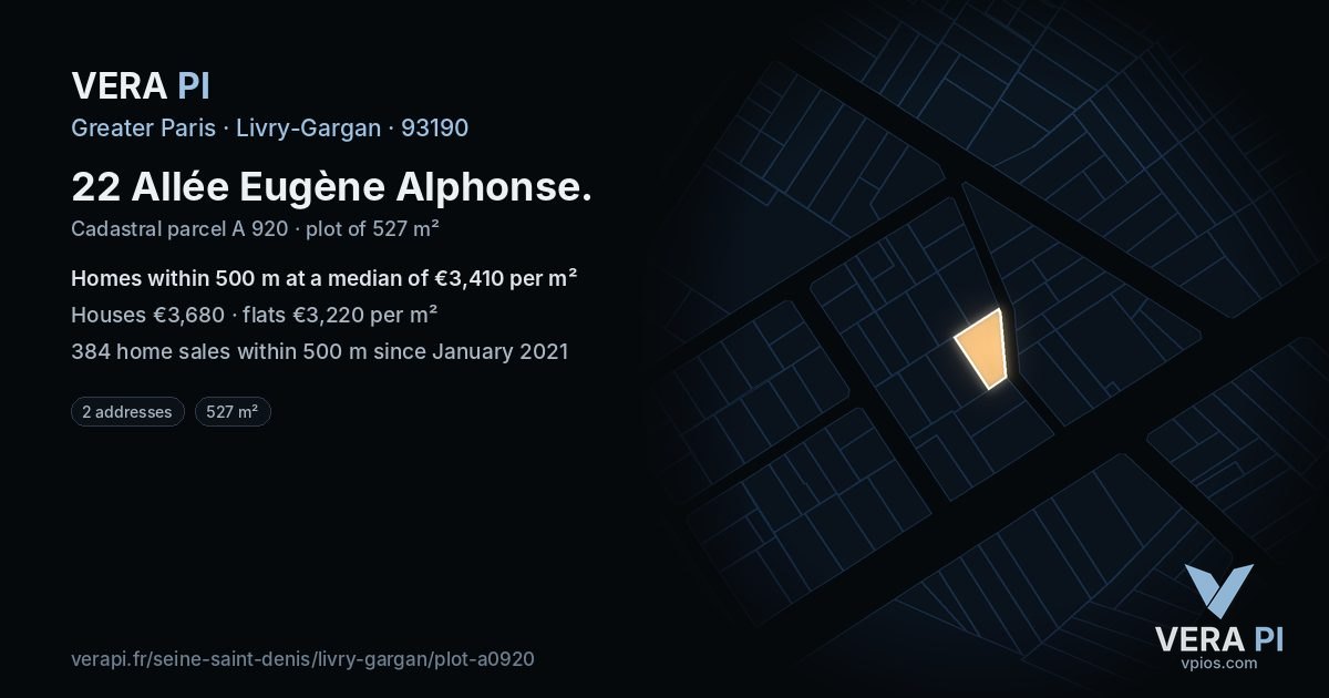 22 Allée Eugène Alphonse, Livry-Gargan at night – the plot lit, the parcels around coloured by the prices near them