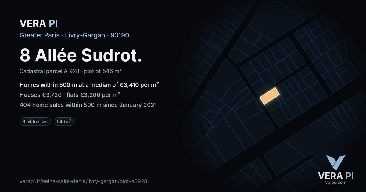 8 Allée Sudrot, Livry-Gargan at night – the plot lit, the parcels around coloured by the prices near them