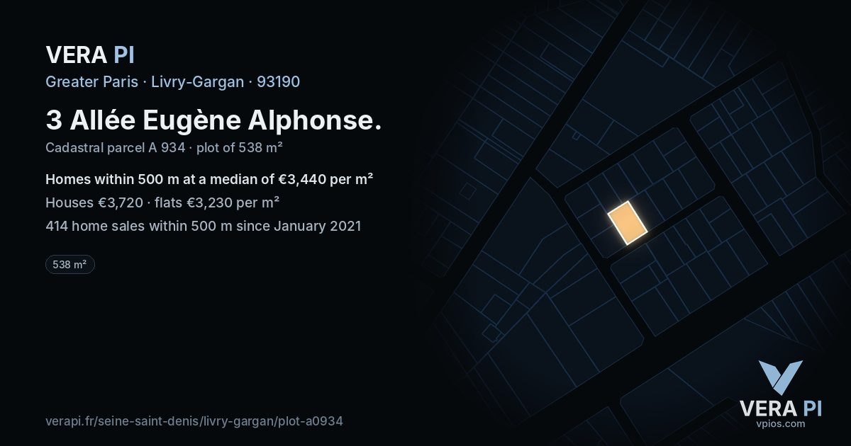 3 Allée Eugène Alphonse, Livry-Gargan at night – the plot lit, the parcels around coloured by the prices near them