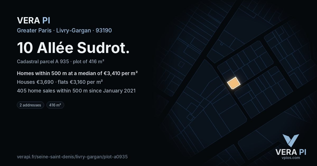 10 Allée Sudrot, Livry-Gargan at night – the plot lit, the parcels around coloured by the prices near them