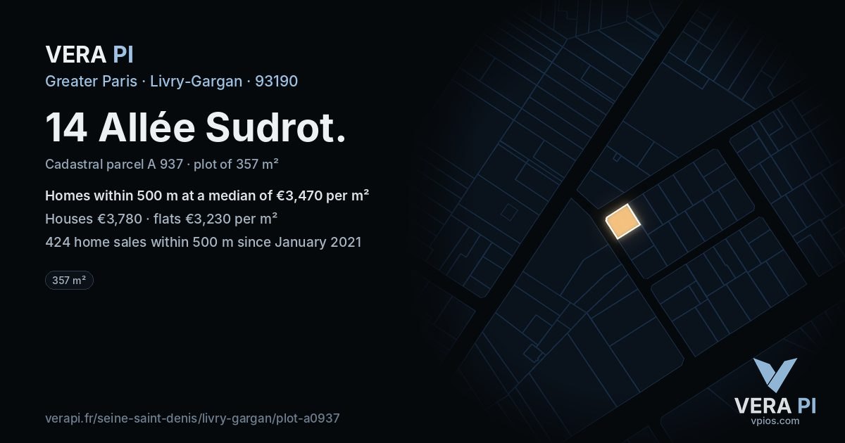 14 Allée Sudrot, Livry-Gargan at night – the plot lit, the parcels around coloured by the prices near them