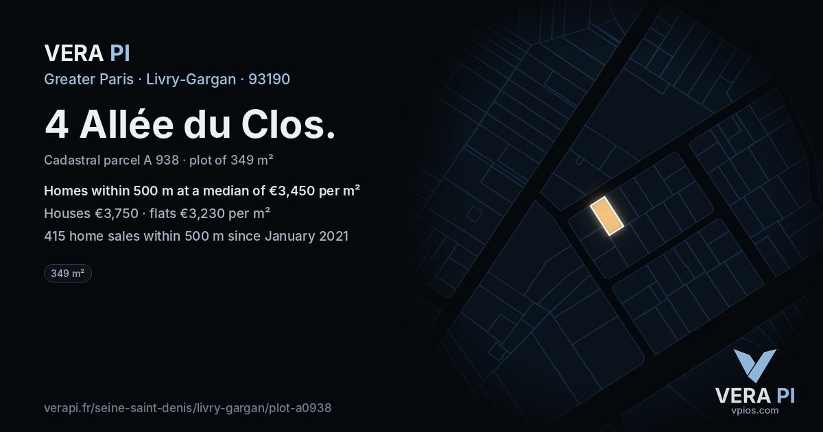 4 Allée du Clos, Livry-Gargan at night – the plot lit, the parcels around coloured by the prices near them
