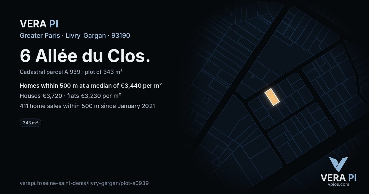 6 Allée du Clos, Livry-Gargan at night – the plot lit, the parcels around coloured by the prices near them
