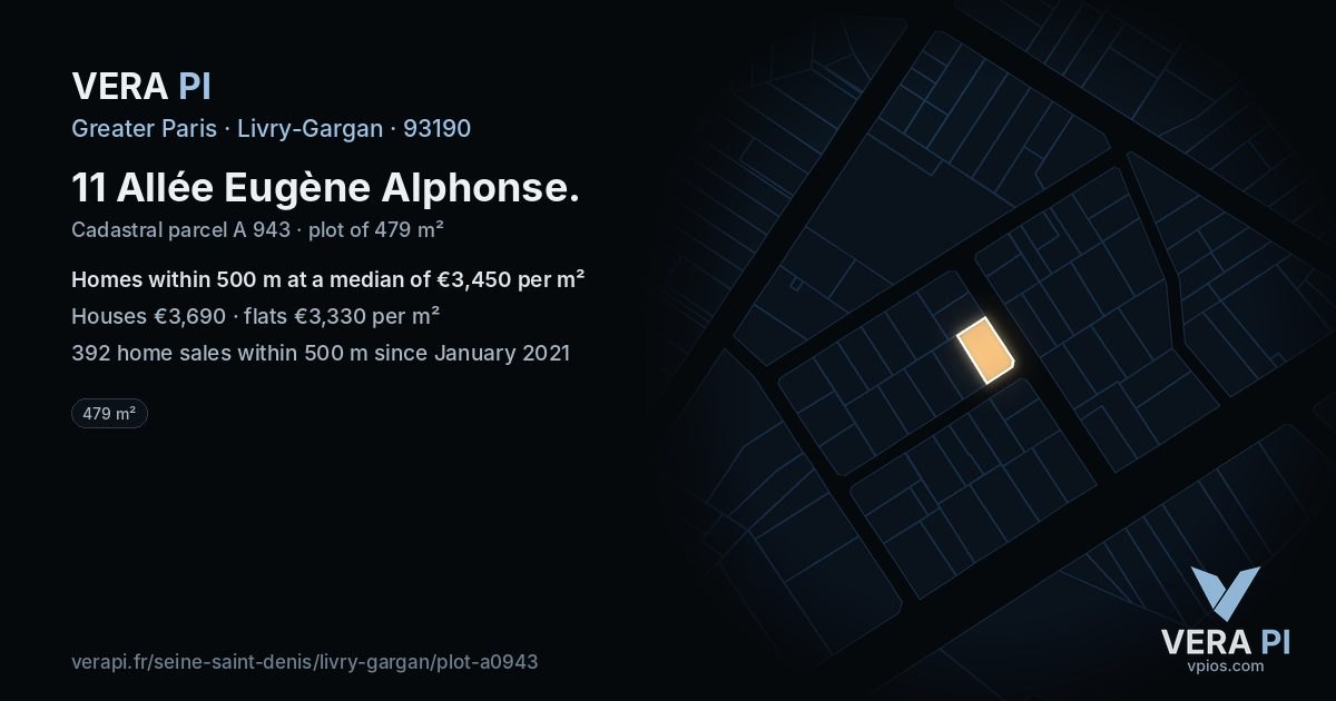 11 Allée Eugène Alphonse, Livry-Gargan at night – the plot lit, the parcels around coloured by the prices near them