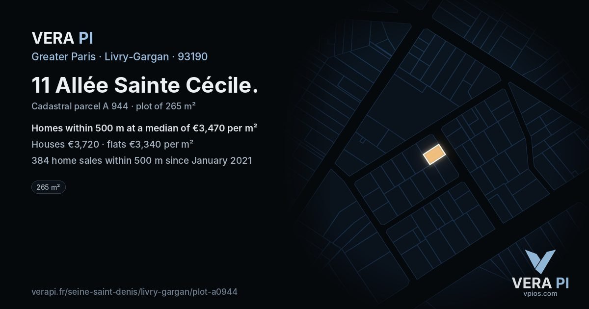 11 Allée Sainte Cécile, Livry-Gargan at night – the plot lit, the parcels around coloured by the prices near them