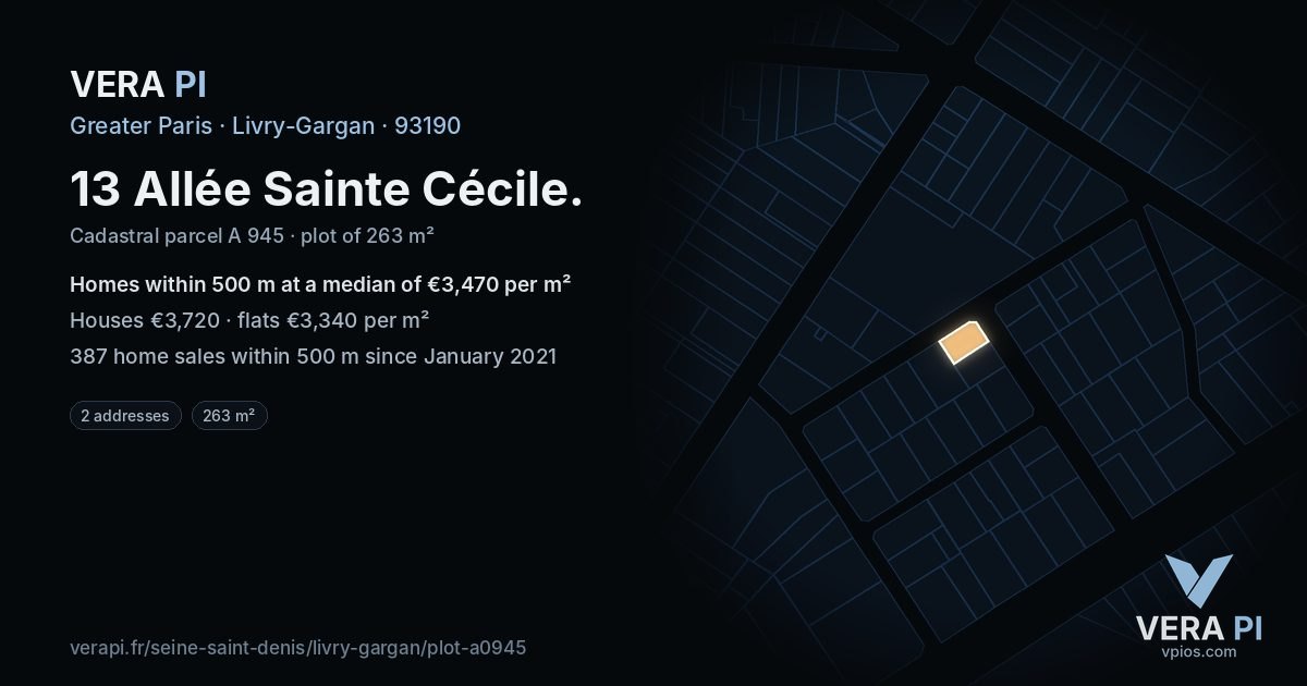 13 Allée Sainte Cécile, Livry-Gargan at night – the plot lit, the parcels around coloured by the prices near them