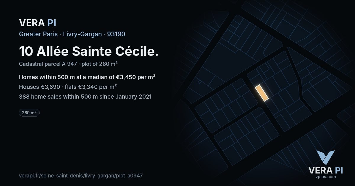 10 Allée Sainte Cécile, Livry-Gargan at night – the plot lit, the parcels around coloured by the prices near them