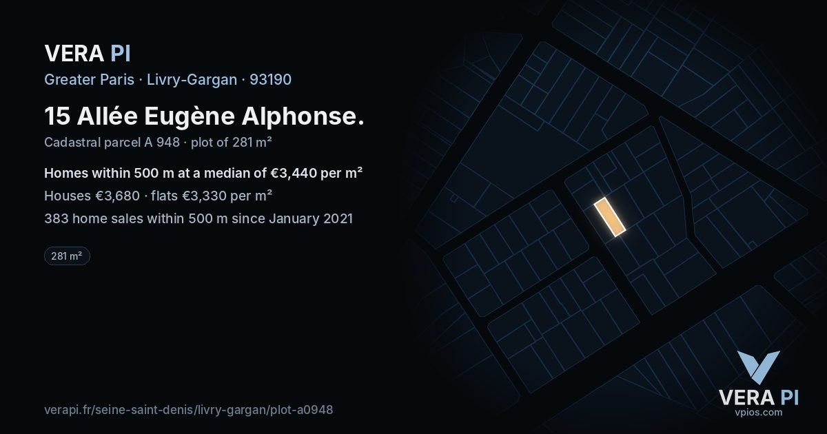 15 Allée Eugène Alphonse, Livry-Gargan at night – the plot lit, the parcels around coloured by the prices near them