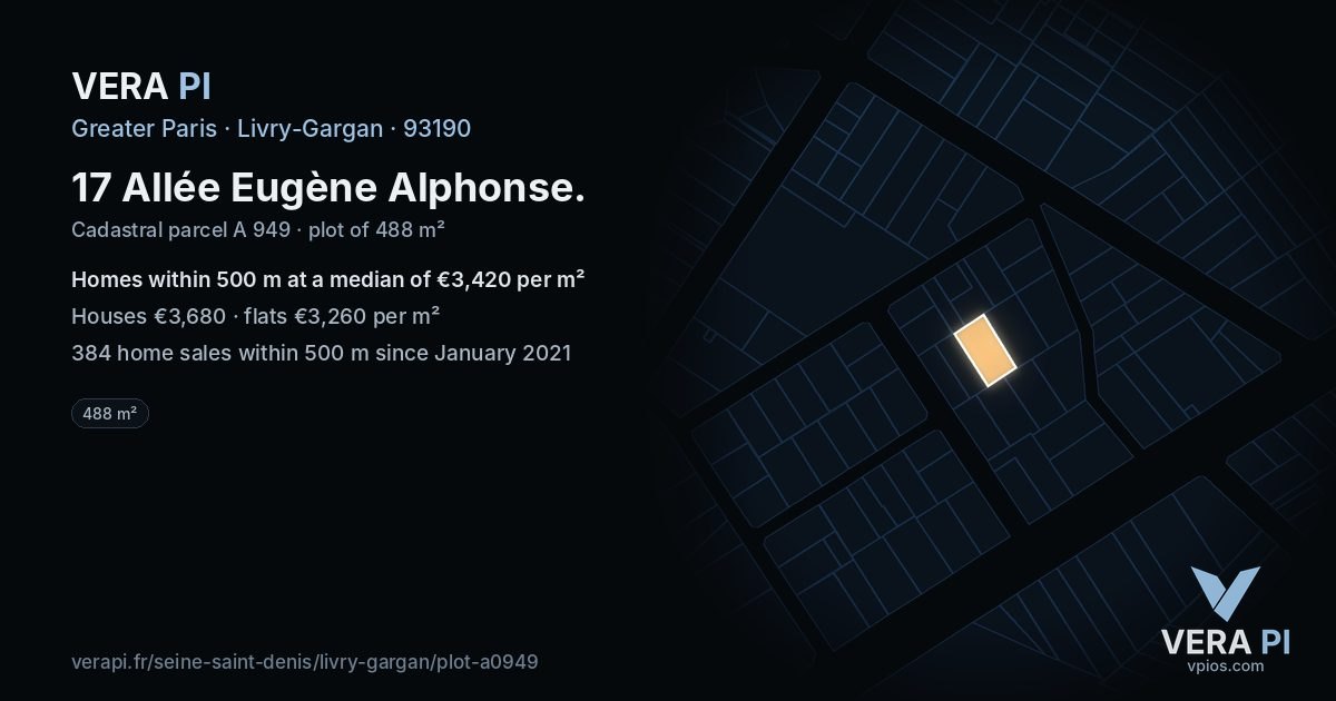 17 Allée Eugène Alphonse, Livry-Gargan at night – the plot lit, the parcels around coloured by the prices near them