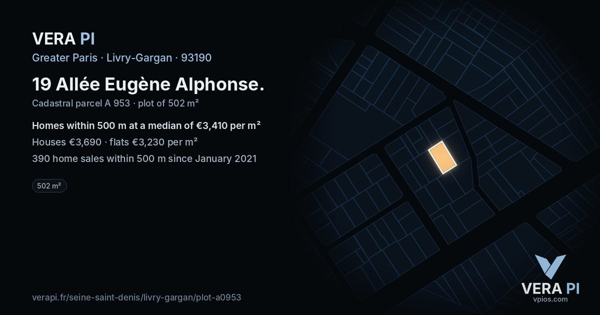 19 Allée Eugène Alphonse, Livry-Gargan at night – the plot lit, the parcels around coloured by the prices near them