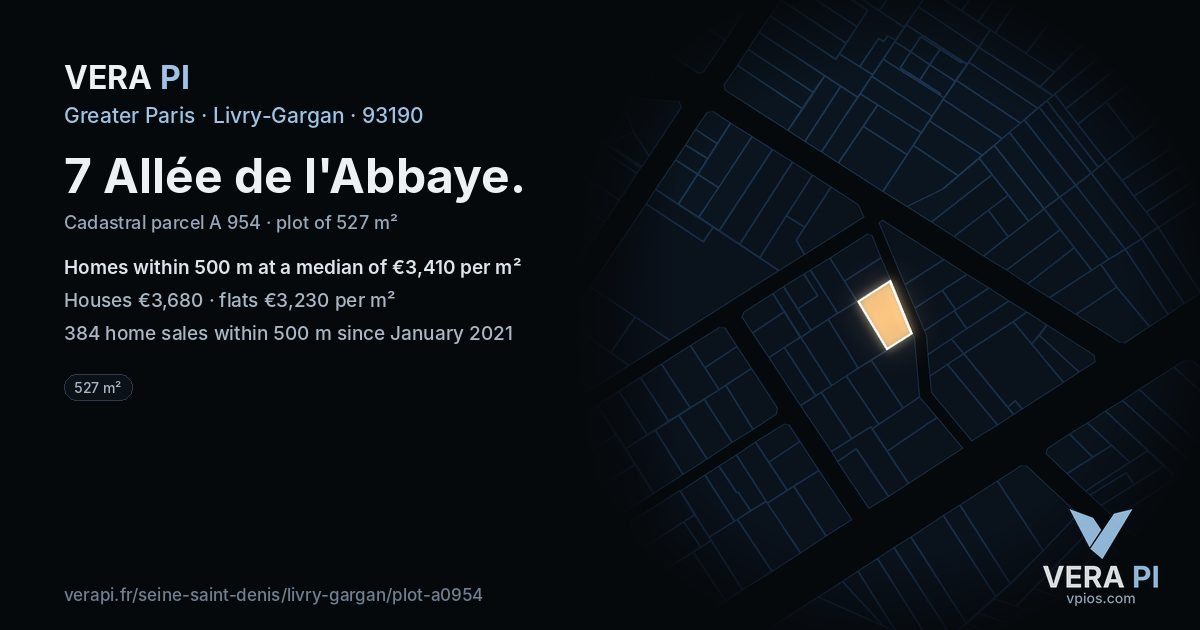 7 Allée de l'Abbaye, Livry-Gargan at night – the plot lit, the parcels around coloured by the prices near them