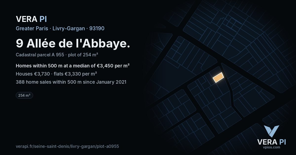 9 Allée de l'Abbaye, Livry-Gargan at night – the plot lit, the parcels around coloured by the prices near them