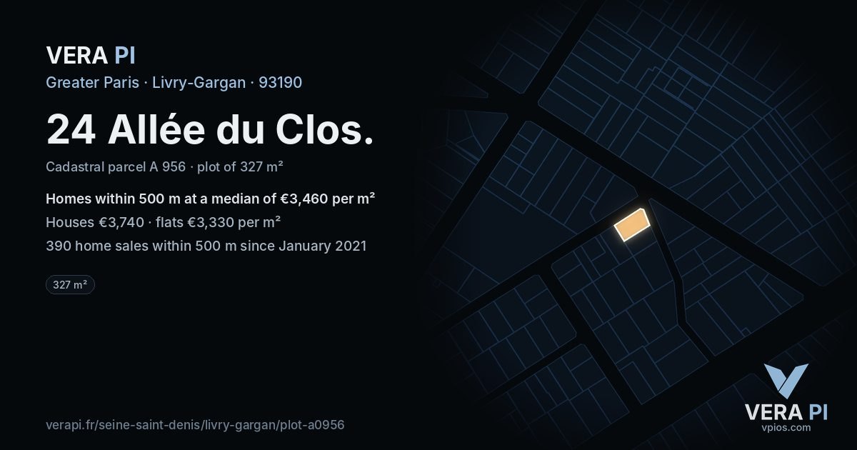 24 Allée du Clos, Livry-Gargan at night – the plot lit, the parcels around coloured by the prices near them
