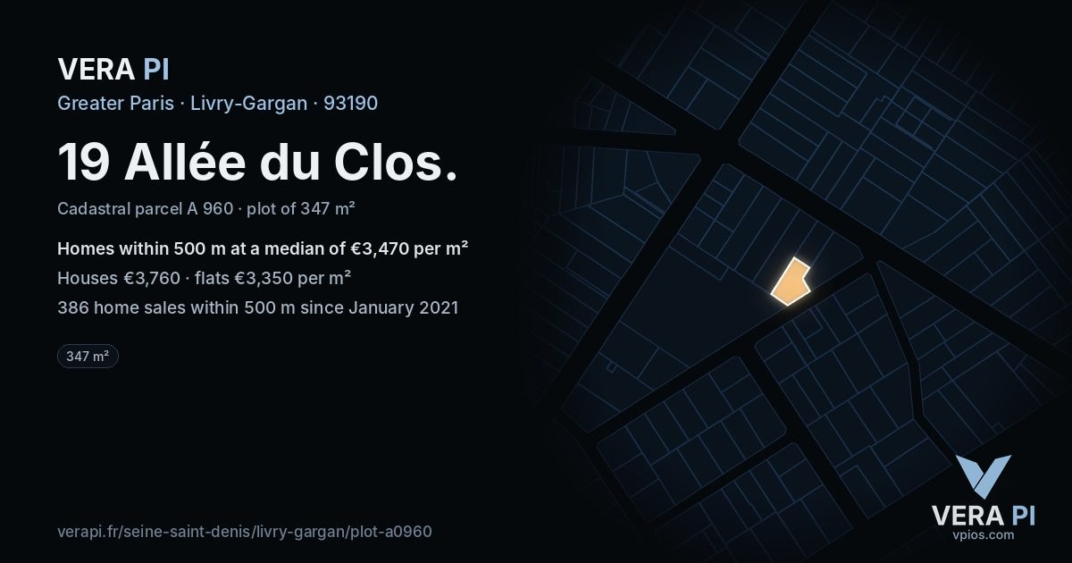 19 Allée du Clos, Livry-Gargan at night – the plot lit, the parcels around coloured by the prices near them