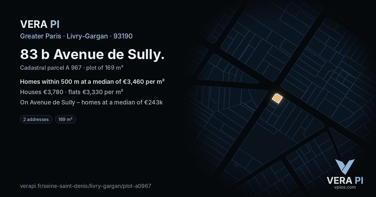 83 b Avenue de Sully, Livry-Gargan at night – the plot lit, the parcels around coloured by the prices near them