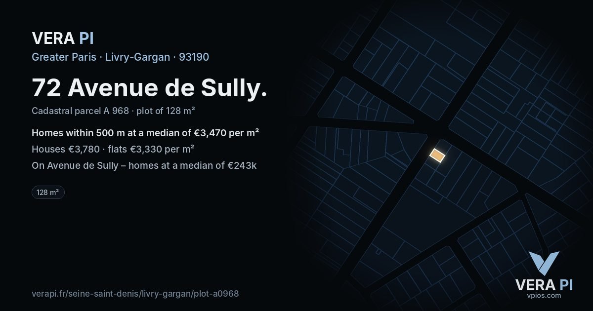72 Avenue de Sully, Livry-Gargan at night – the plot lit, the parcels around coloured by the prices near them