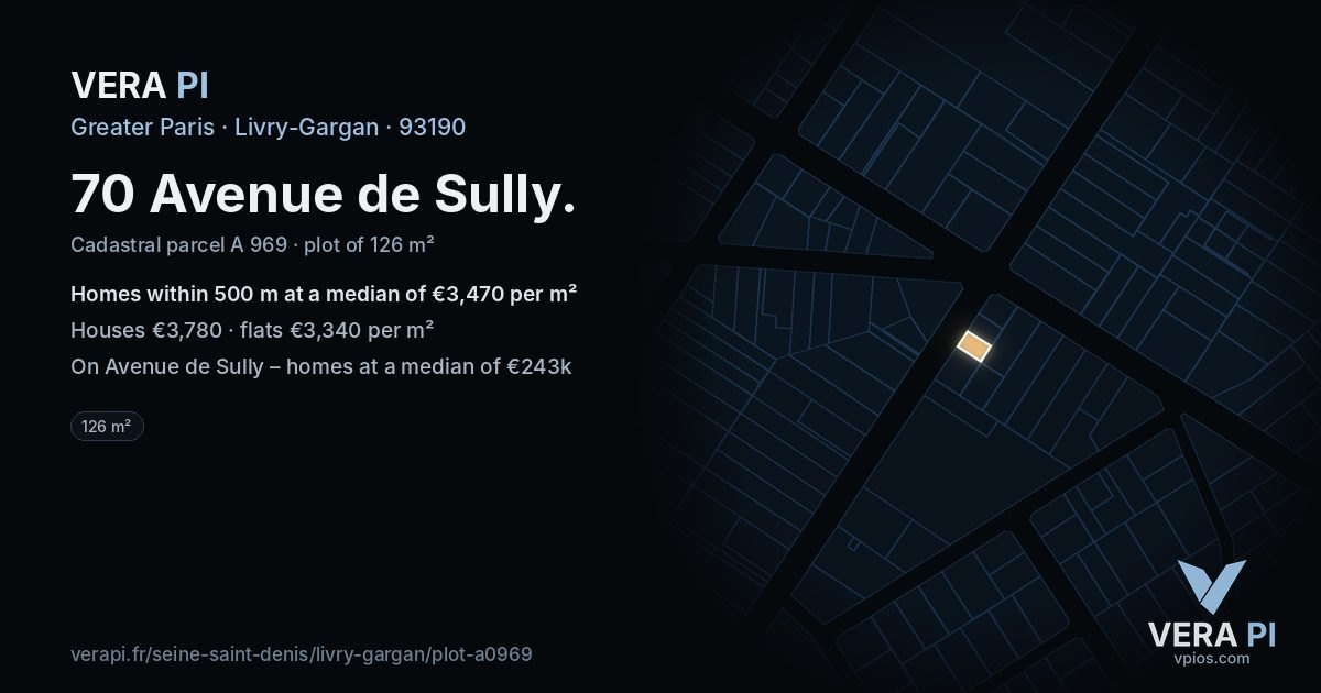 70 Avenue de Sully, Livry-Gargan at night – the plot lit, the parcels around coloured by the prices near them