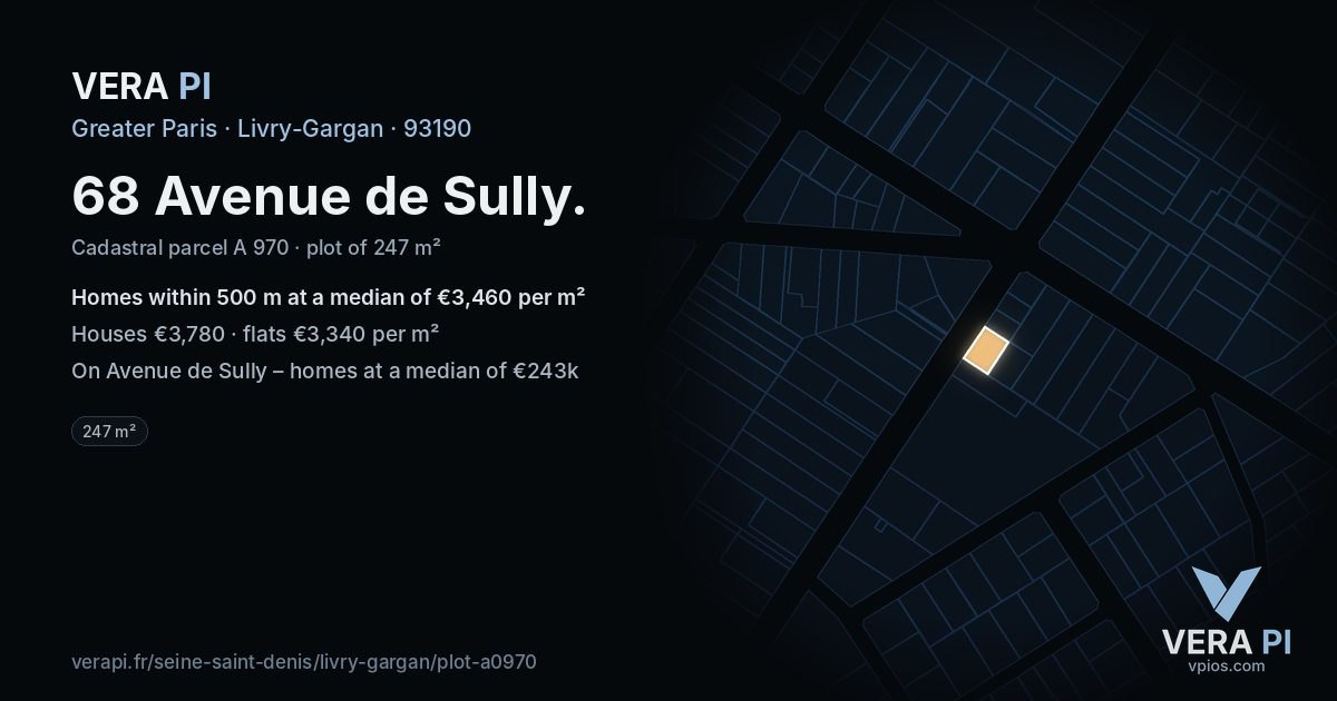 68 Avenue de Sully, Livry-Gargan at night – the plot lit, the parcels around coloured by the prices near them