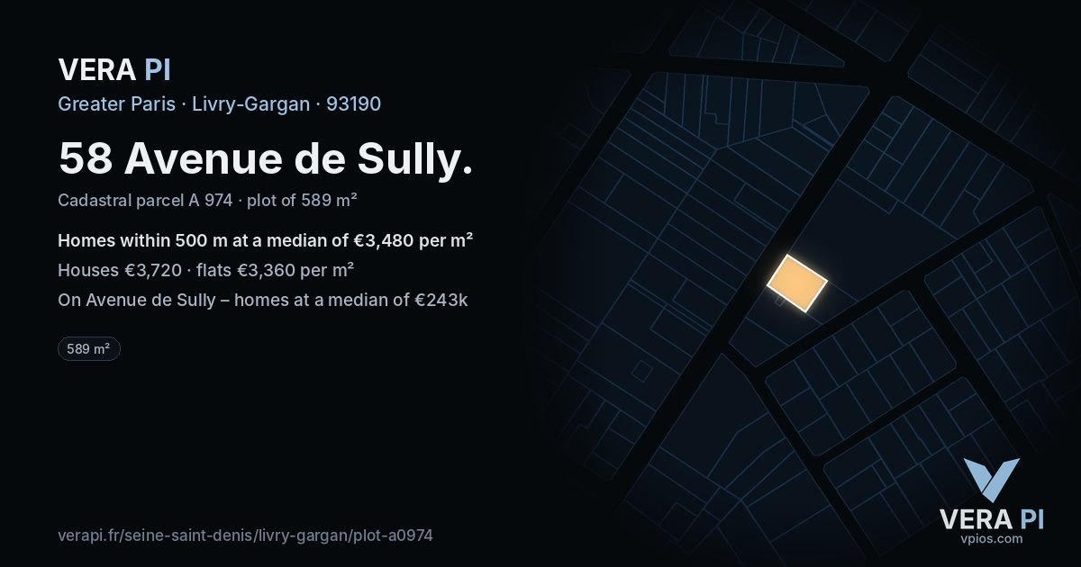 58 Avenue de Sully, Livry-Gargan at night – the plot lit, the parcels around coloured by the prices near them