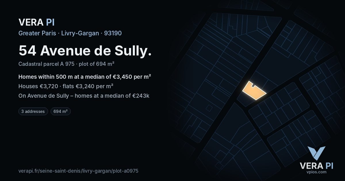 54 Avenue de Sully, Livry-Gargan at night – the plot lit, the parcels around coloured by the prices near them