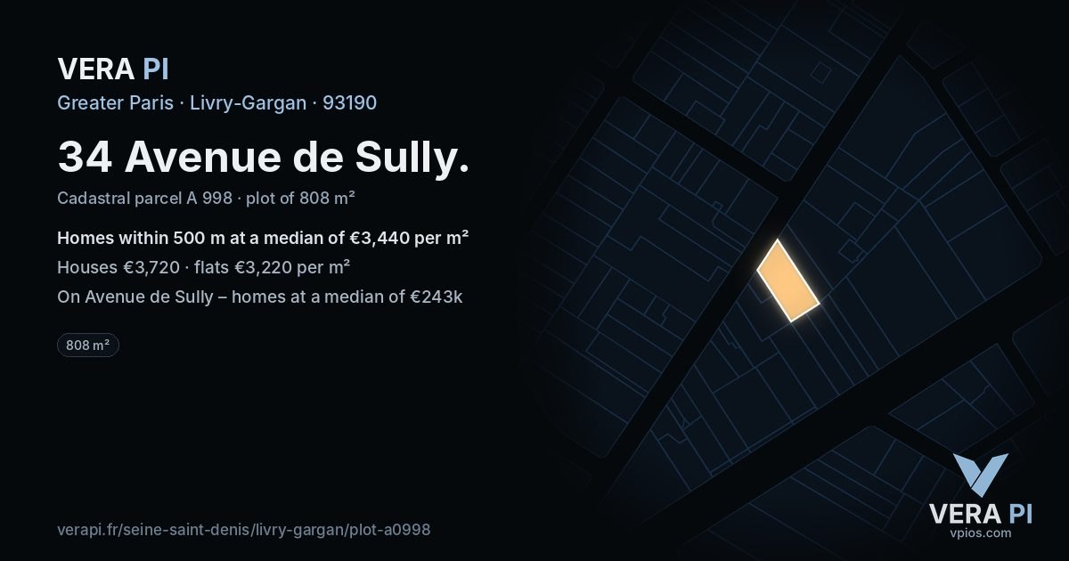 34 Avenue de Sully, Livry-Gargan at night – the plot lit, the parcels around coloured by the prices near them