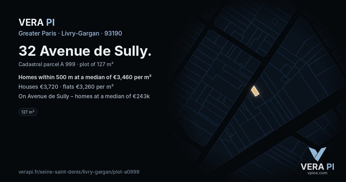 32 Avenue de Sully, Livry-Gargan at night – the plot lit, the parcels around coloured by the prices near them