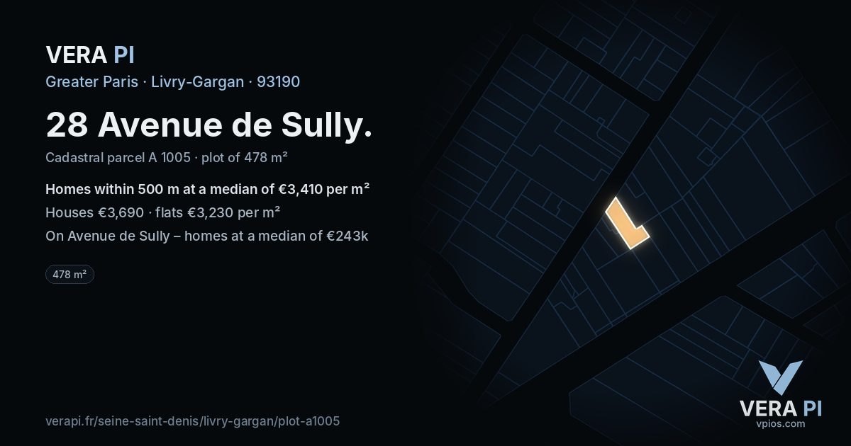 28 Avenue de Sully, Livry-Gargan at night – the plot lit, the parcels around coloured by the prices near them