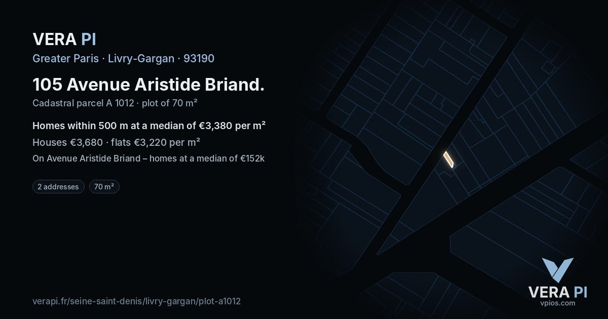 105 Avenue Aristide Briand, Livry-Gargan at night – the plot lit, the parcels around coloured by the prices near them