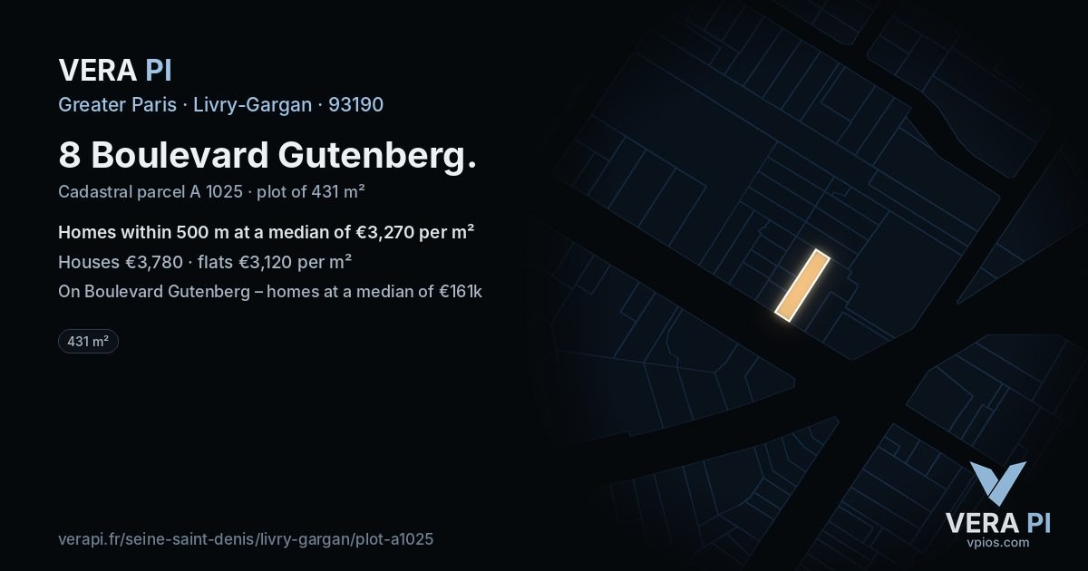 8 Boulevard Gutenberg, Livry-Gargan at night – the plot lit, the parcels around coloured by the prices near them