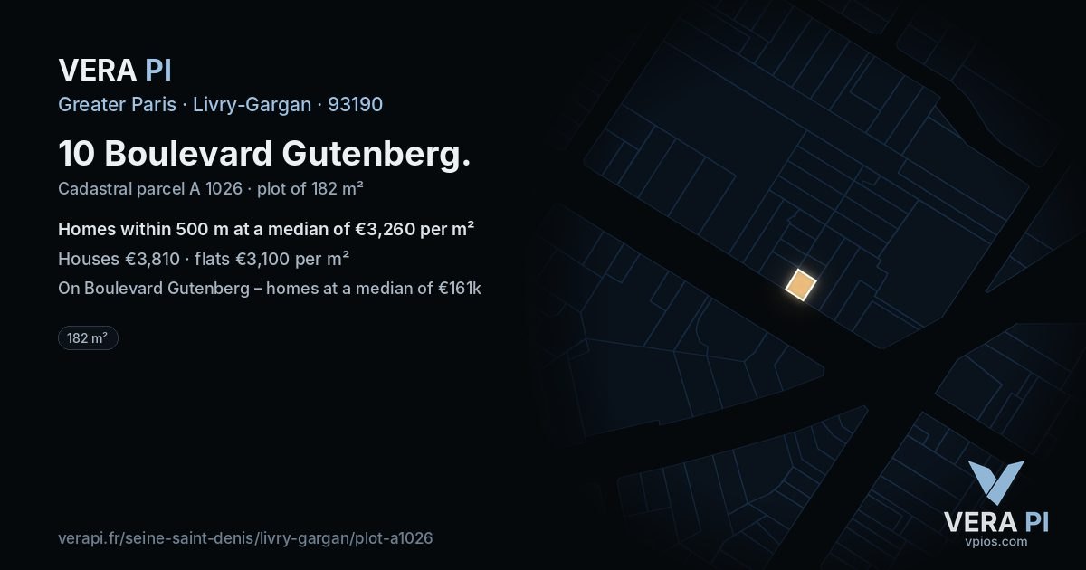 10 Boulevard Gutenberg, Livry-Gargan at night – the plot lit, the parcels around coloured by the prices near them