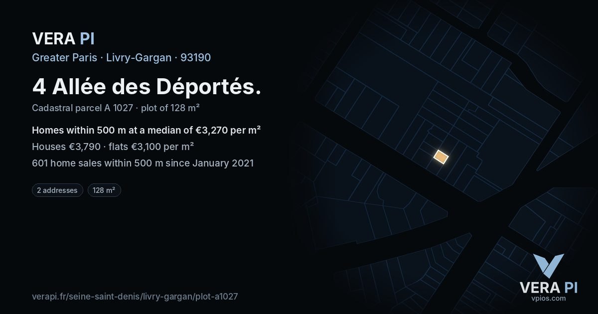 4 Allée des Déportés, Livry-Gargan at night – the plot lit, the parcels around coloured by the prices near them