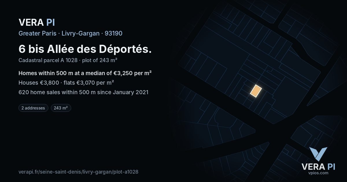 6 bis Allée des Déportés, Livry-Gargan at night – the plot lit, the parcels around coloured by the prices near them