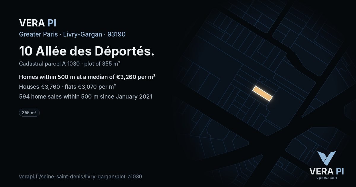 10 Allée des Déportés, Livry-Gargan at night – the plot lit, the parcels around coloured by the prices near them