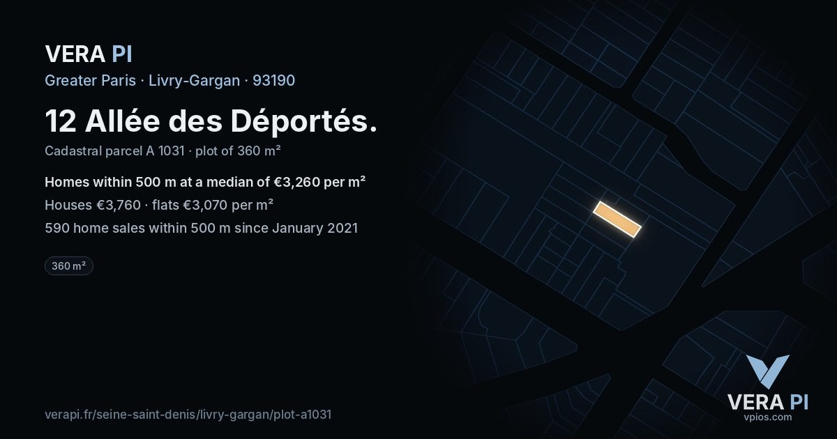 12 Allée des Déportés, Livry-Gargan at night – the plot lit, the parcels around coloured by the prices near them