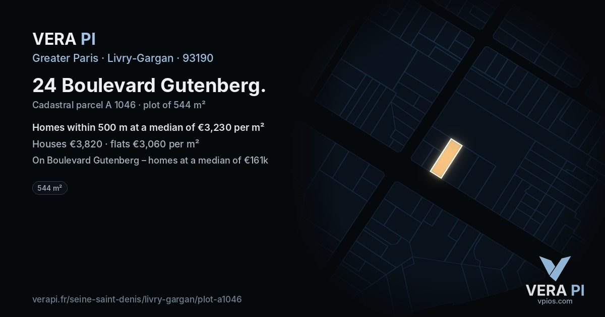 24 Boulevard Gutenberg, Livry-Gargan at night – the plot lit, the parcels around coloured by the prices near them
