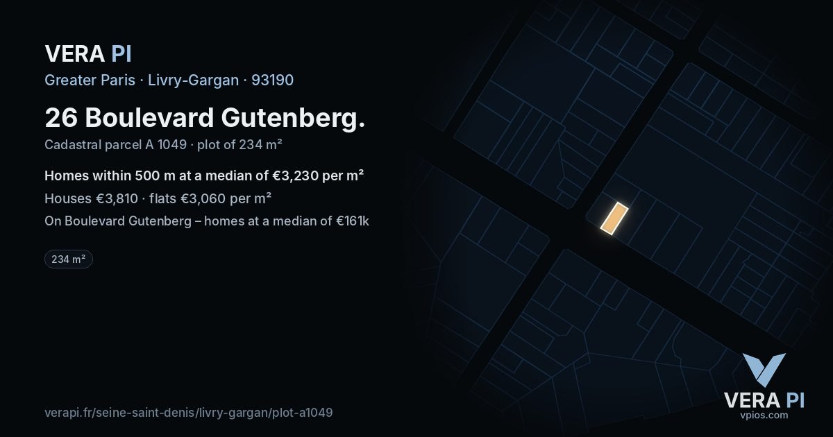 26 Boulevard Gutenberg, Livry-Gargan at night – the plot lit, the parcels around coloured by the prices near them