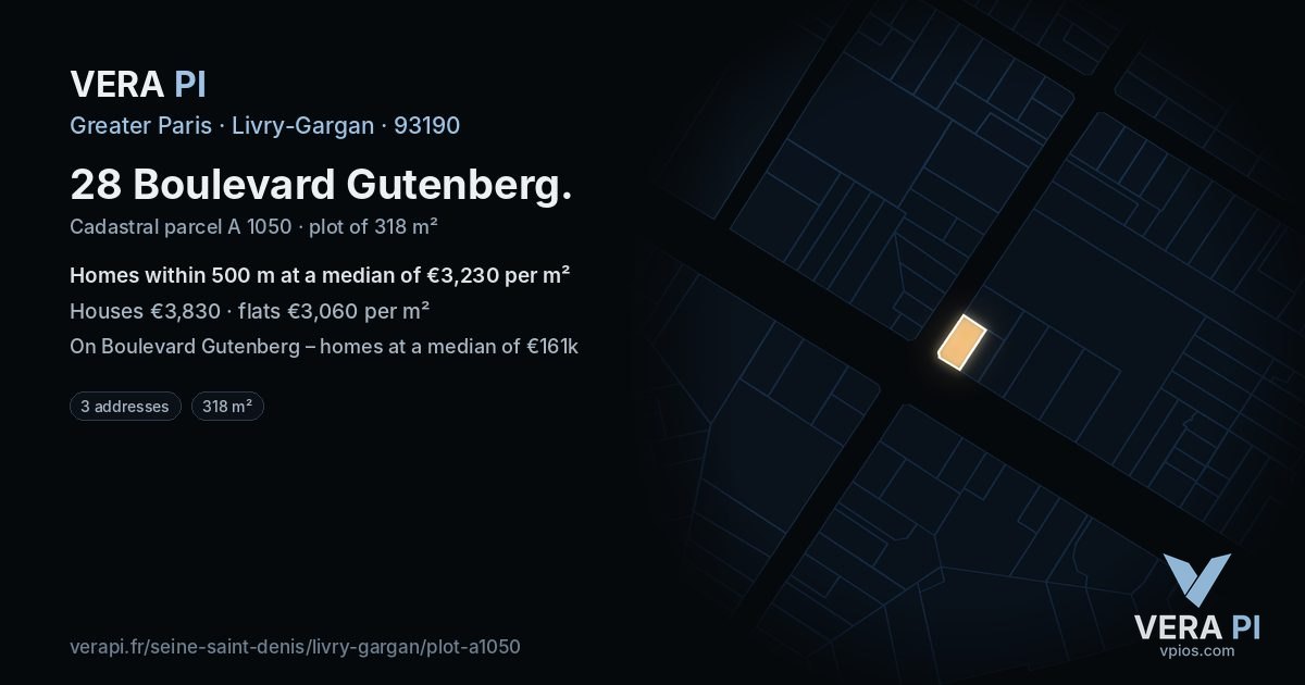 28 Boulevard Gutenberg, Livry-Gargan at night – the plot lit, the parcels around coloured by the prices near them