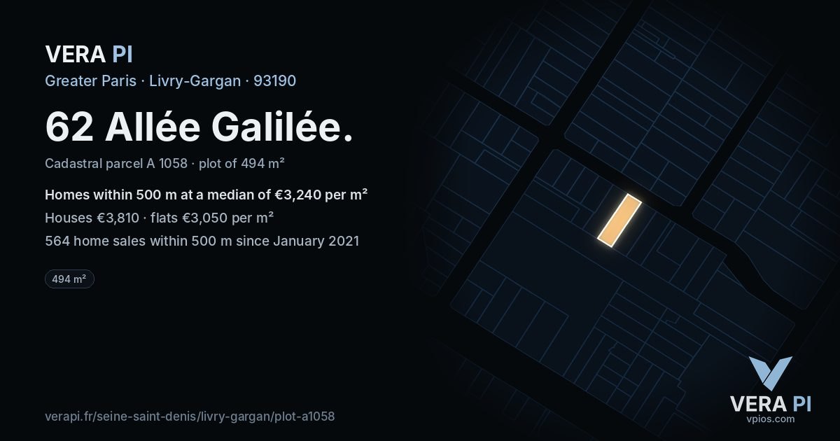 62 Allée Galilée, Livry-Gargan at night – the plot lit, the parcels around coloured by the prices near them