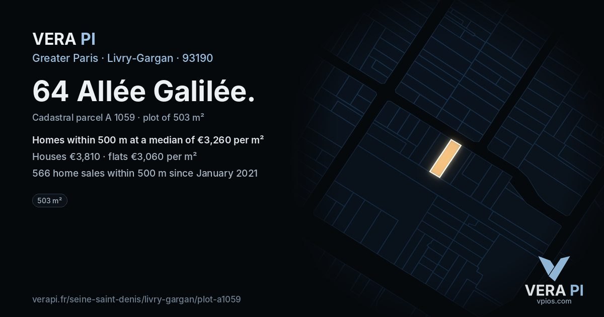64 Allée Galilée, Livry-Gargan at night – the plot lit, the parcels around coloured by the prices near them