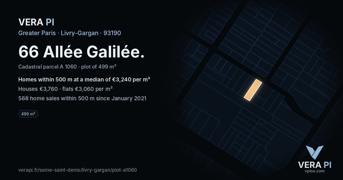 66 Allée Galilée, Livry-Gargan at night – the plot lit, the parcels around coloured by the prices near them