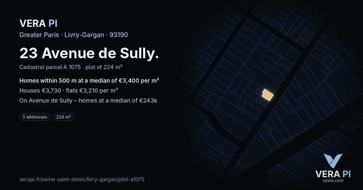 23 Avenue de Sully, Livry-Gargan at night – the plot lit, the parcels around coloured by the prices near them
