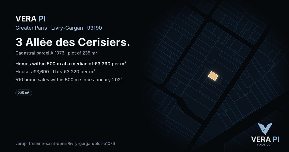 3 Allée des Cerisiers, Livry-Gargan at night – the plot lit, the parcels around coloured by the prices near them