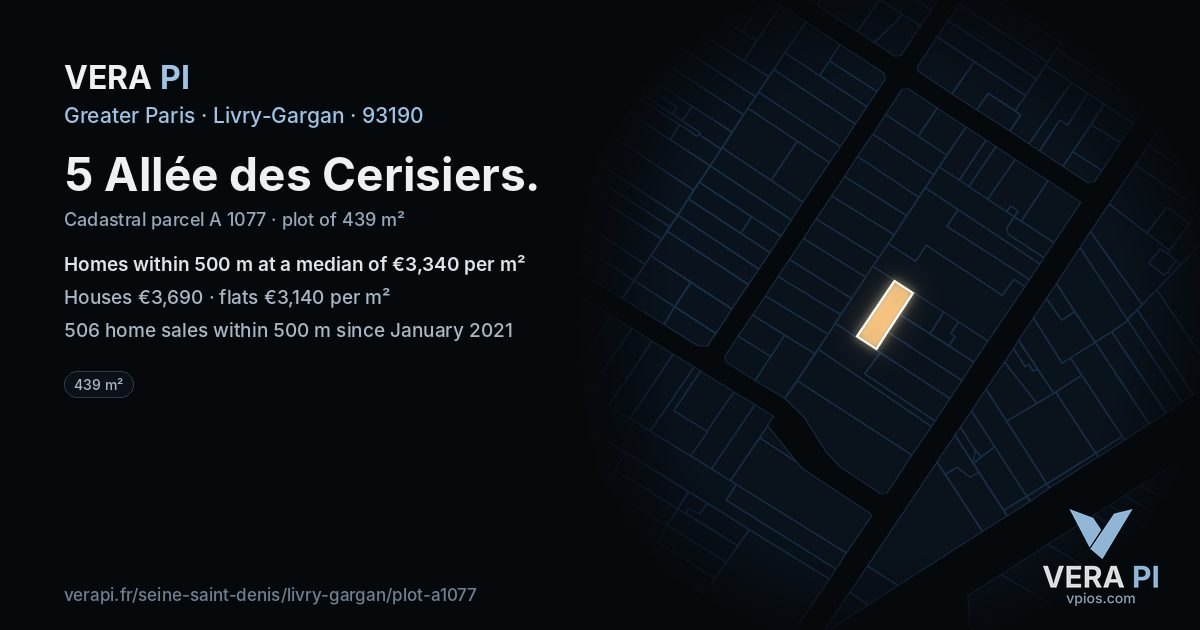 5 Allée des Cerisiers, Livry-Gargan at night – the plot lit, the parcels around coloured by the prices near them