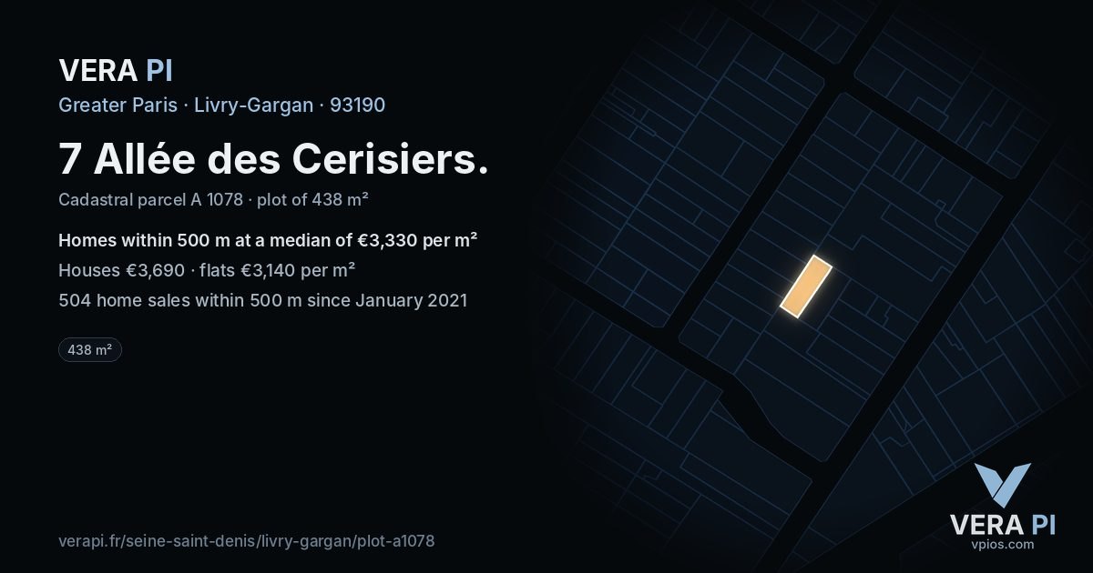 7 Allée des Cerisiers, Livry-Gargan at night – the plot lit, the parcels around coloured by the prices near them