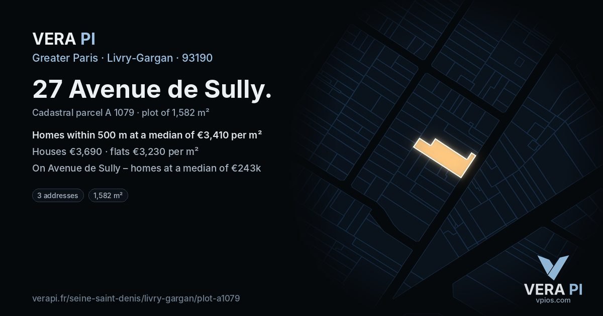 27 Avenue de Sully, Livry-Gargan at night – the plot lit, the parcels around coloured by the prices near them