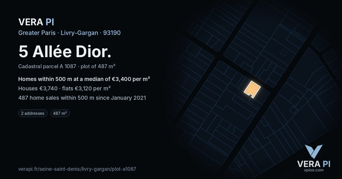 5 Allée Dior, Livry-Gargan at night – the plot lit, the parcels around coloured by the prices near them
