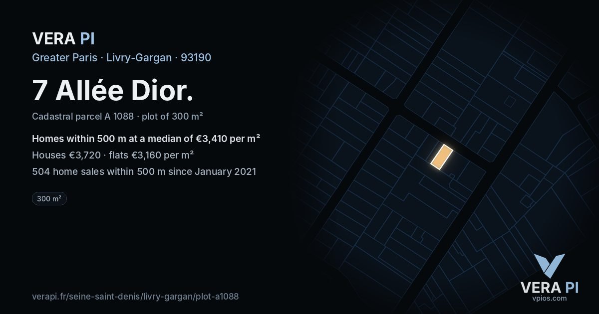 7 Allée Dior, Livry-Gargan at night – the plot lit, the parcels around coloured by the prices near them